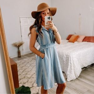 Monteau Blue White Stripe Cottagecore Ruffle Sleeve Midi Dress • Size Large